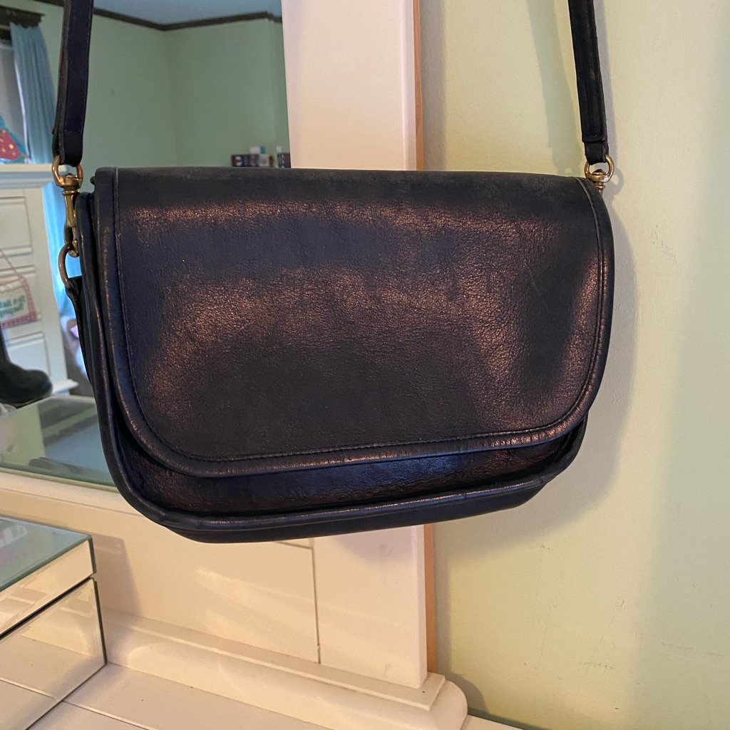 Vintage Black Coach Ritchie Crossbody Leather Bag With Flap And Brass Hardware